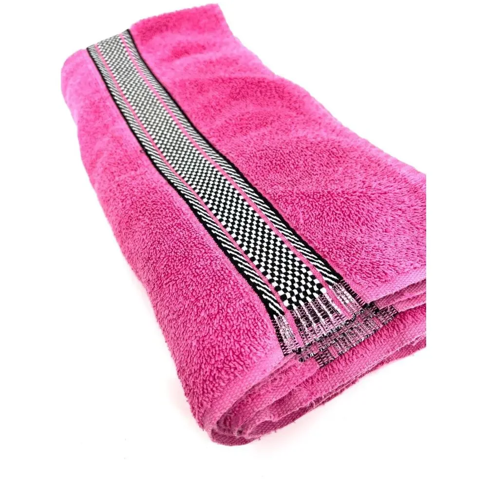 Vintage Stevens Bath Towel Hot Pink with Black Checkered Trim